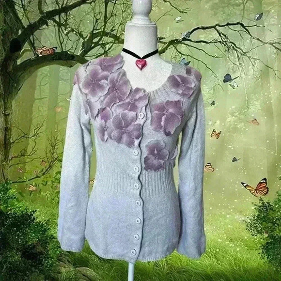 Anthropologie Beaux By Bo Lavender Precious Poppy Spring Cardigan  Size S - Picture 1 of 11